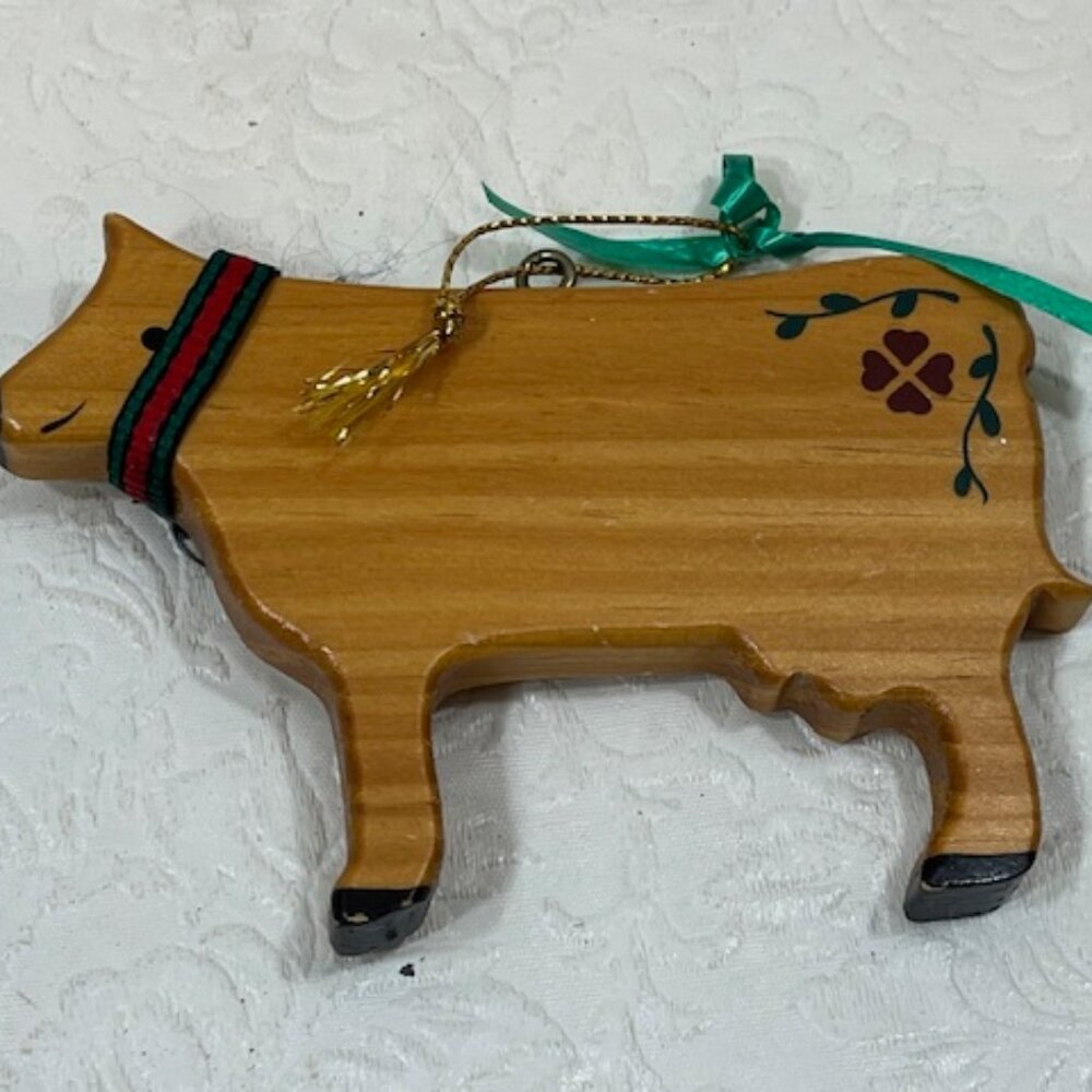 Vtg Wooden COW Hanging Holiday Ornament Handmade 4.25"x3" - Picture 4 of 12